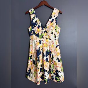 J. Crew V Neck Fit & Flare Blue Floral Dress Cotton Spandex Size 8 Spring Summer